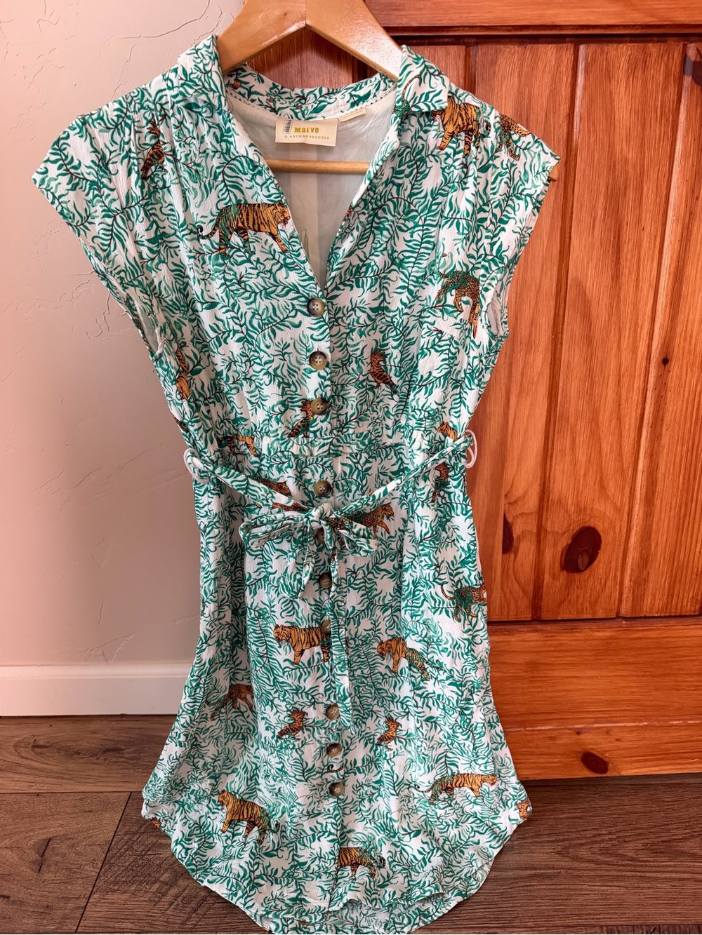 Maeve Anthropologie Tropical Tiger Print Shirt Dress Size 6P Green White artisan